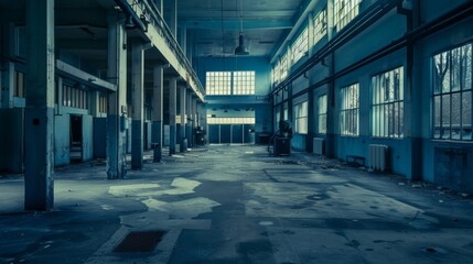 Abandoned Factory Remnants - Empty Floor, Silent Machines, Desolate Production Line. Melancholic Industrial Photography Wide-Angle with Copy Space.