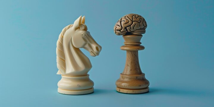 Chess knight and brain on blue background, strategy concept