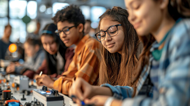 Students in a maker space workshop using education technology to build prototypes, surrounded by tools, equipment, and vibrant colors.