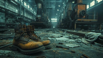 Old dirty work boots sit alone on dusty floor with covered machines behind. - obrazy, fototapety, plakaty