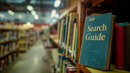 Book about finding work sits on shelf named "Job Search Guide" rests among blurry rows. Dust floats in air above copy space. Shallow focus blurs most details, giving documentary feel.