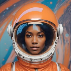 Abstract 1998, Fashion photography, 24mm, long shot, 60'S black woman astronaut in orange spacesuit with large plexiglass helmet , 80 degree view.