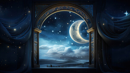 Mystical window with crescent moon in night sky