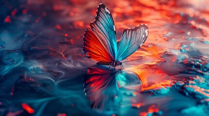 large stunningly beautiful fairy wings Fantasy abstract paint colorful butterfly sits on garden.The insect casts a shadow on nature.The insect has many geometric angles.3d render 