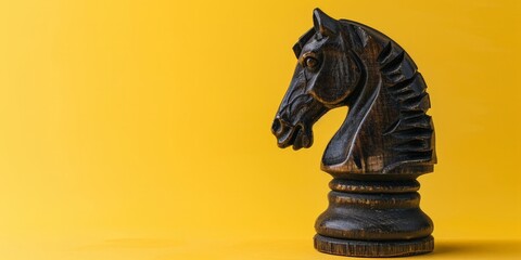 Black chess horse on yellow background - obrazy, fototapety, plakaty