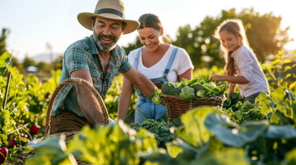 A three-generation family of farmers joyfully harvests vegetables in a sunlit golden field.