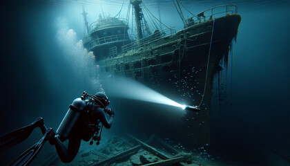 An image of a diver exploring the eerie remains of a sunken ship. A diver's flashlight pierces the dark, clear water, revealing the decaying structure of the ship.
