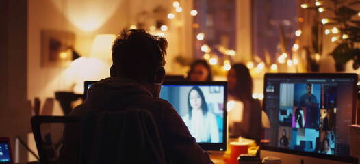 Obraz premium People Working Together Co-workers joining online meeting through laptop screens Virtual team meeting screens displaying shared documents