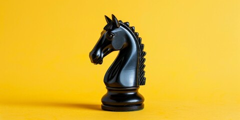 Black chess horse on yellow background