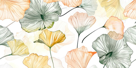 Gingko and botanical line art wallpaper. Luxury cover design watercolor art.