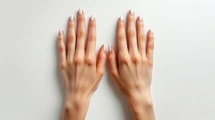 Two hands with nails painted in a light pink color