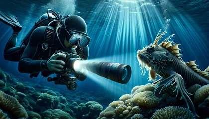 Fotobehang A diver in professional underwater photography equipment points his camera at a rare sea creature. The diver's focus is very intense, which is emphasized by the beam of light from the camera's underwa © Jakob