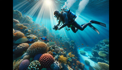 Diver swimming over a colorful coral reef. The diver is equipped with modern, elegant snorkeling equipment, allowing for close observation of the diverse marine life.