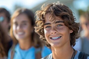 A young teenage boy shows off her braces with a smile.