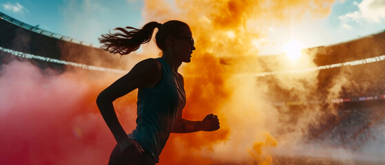 Female, woman running on the stadium road or trail with steam. Professional marathon runner. Sporty girl in motion. Outdoor sport, fitness banner. Jogging. Generative ai - obrazy, fototapety, plakaty