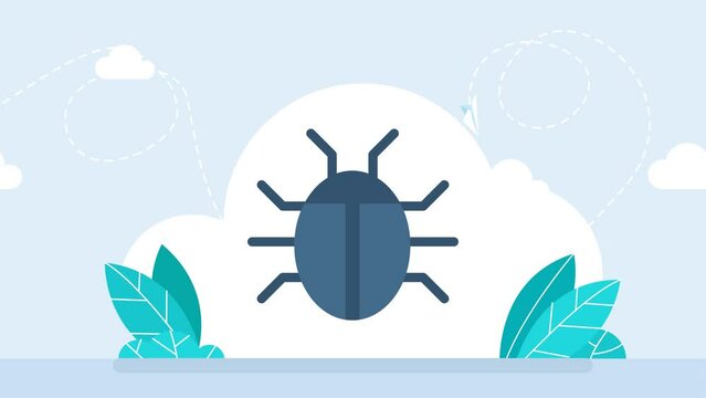 Bug, beetle. Beetle crawls out from below and remains in the center of the screen. Find errors, software testing concept. Blue beetle. Flat design style. Cartoon minimal style. 2d bright animation