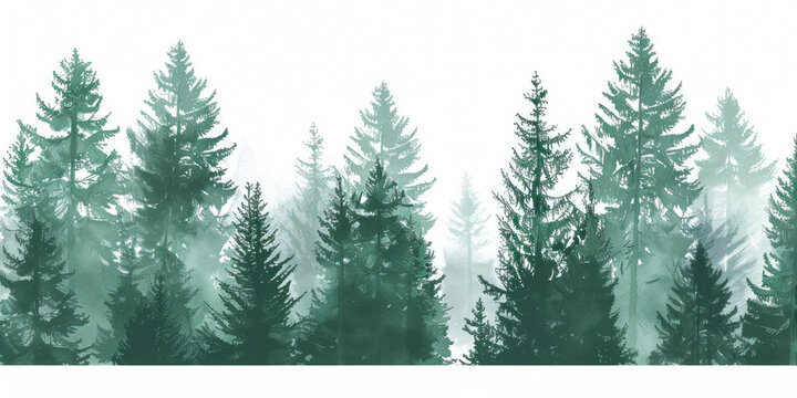 Monochrome green Illustration with high pines in fir trees forest on white background.
