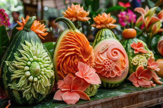 A fruit carving display with intricate designs on watermelons and melons