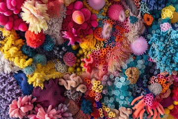 A colorful abstract landscape formed by the aggregation of different types of bacteria