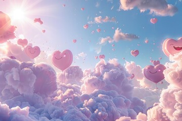 A dreamy landscape where clouds are shaped like symbols of happiness: hearts smiles