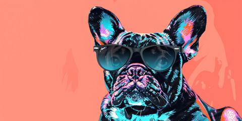 Portrait of french bulldog wearing sunglasses, Cartoon colourful sketch. - obrazy, fototapety, plakaty