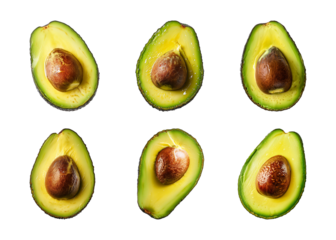 Collection slices of avocado isolated on a transparent background, top view, PNG