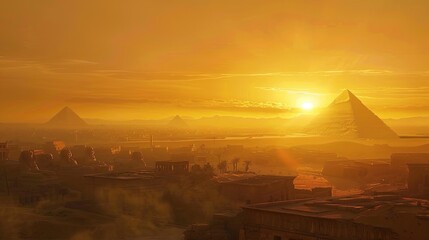 Golden sunset over Sphinx and Pyramids, ancient Egypt's glory revived, mystical aura