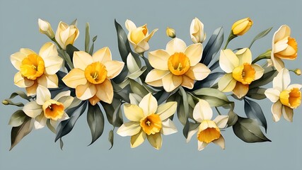 watercolor arrangements with small daffodils . Botanical illustration minimal style.

