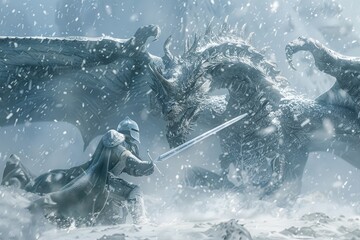 A knight fighting a silver dragon in a snowfall scene