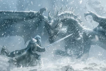 Fotobehang A knight fighting a silver dragon in a snowfall scene © AI Farm