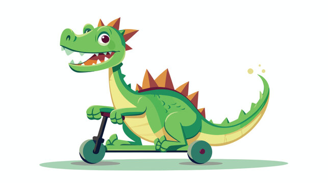 A happy green dragon riding a kick scooter. Vector