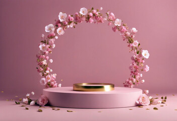 Pink podium with golden ring and flying flowers petals on the pink background. 3D rendering