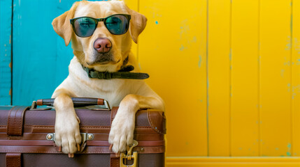 A cute Labrador dog wearing sunglasses and a black collar sits next to a suitcase on a blue and...