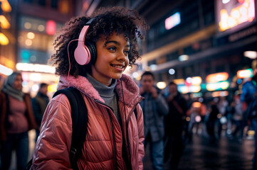 A young woman wearing a pink jacket and headphones is smiling as she walks down a street.