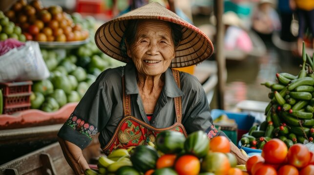 Portrait of old thai woman on the famous floating market, farmer selling organic food, fruits, vegetables on water river