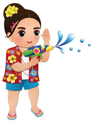 Happy cute cartoon wearing flower shirt smiled enjoy for Songkran festival in Thailand