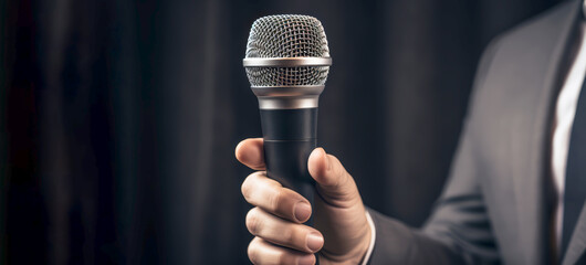 businessman or master of ceremonie, repoter's hand hold microphone for interview  or speech, ...