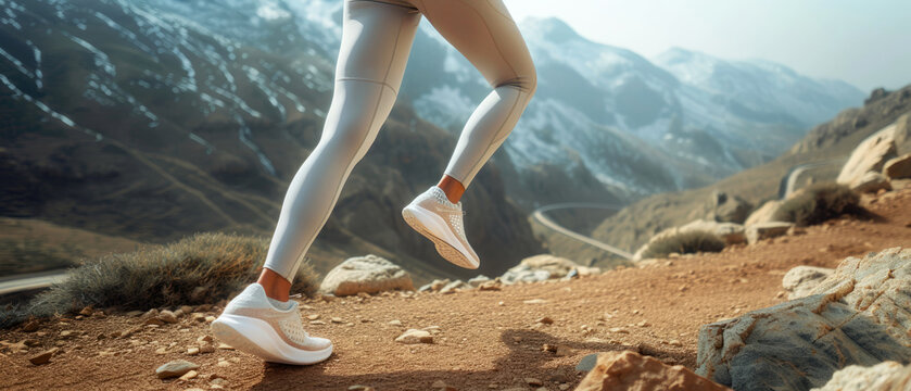 Jogging. Close up of female leggs,running on the road on the mountain landscape. Outdoor sport, fitness concept.  Generative ai