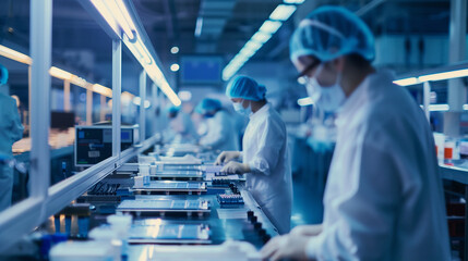 A focused assembly line in a semiconductor plant, with workers attentively managing complex machinery. The image evokes the precision and technology-driven nature of electronics manufacturing