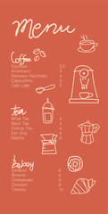 Cafe brochure vector, coffee shop menu design. Restaurant menu design.Hand-drawn coffee beans, coffee machine, cup, coffee to go, bakery and desserts vector illustration. 
