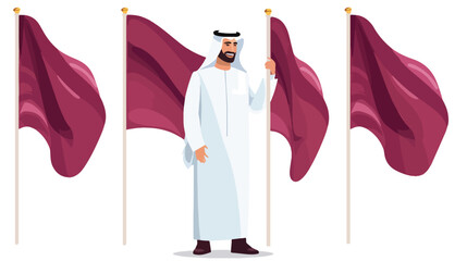 Arab man with flags of Qatar. Flat vector stock 