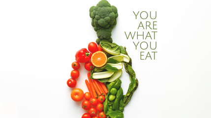 You Are What You Eat Concept with Vegetables and Fruits Forming Human Body on White Background