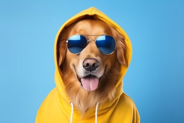 a dog wearing a yellow hoodie and sunglasses - obrazy, fototapety, plakaty