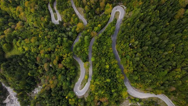 Aerial view of curvy road on Vrsic pass in Soca, Slovenia.