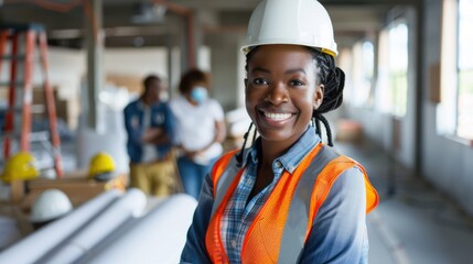 a lifestyle stock photography of Woman in construction gear, vibrant safety vest, confident smile. Modern office with blueprints, diverse team in background. Low-angle shot, woman center.