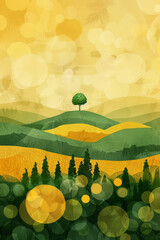 Green and yellow forest,a green tree in the middle of a field.