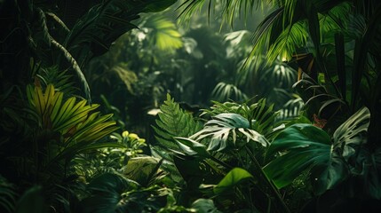 Vibrant jungle with abundant green foliage. Ideal for nature-themed designs - obrazy, fototapety, plakaty