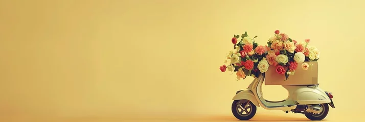 Fotobehang Flowers in a box on a scooter, flower delivery on a yellow background banner for advertising © Svetlana
