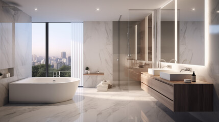 Modern bathroom interior with bathtub featuring luxury design elements, clean lines, and elegant fixtures