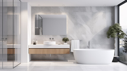 Clean contemporary bathroom with luxury design, featuring a spacious shower, elegant sink, and stylish mirror